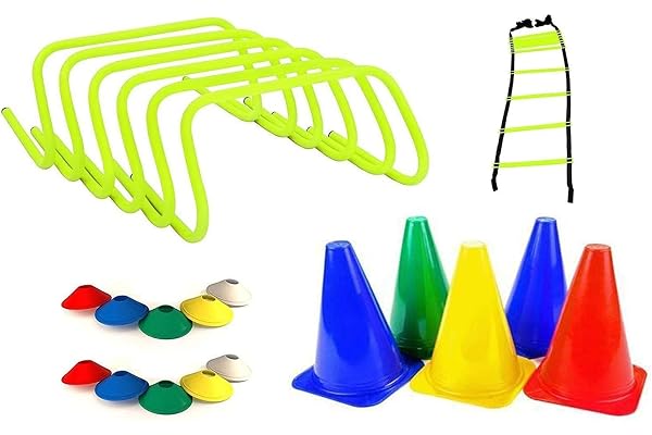 CRAZX New Combo of Agility Ladder 4 m with 10 Rungs 6 Marker Cones (6-inch), Multicolour Saucer Cones Set of 20 and Agility Hurdles 6 inch 6 pcs