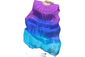 Winged Sirenny Real Silk 59" (150 cm) Belly Dance Fan Veil, Adjustable Lightweight Spinning Fan Pois (purple-blue-turquoise)