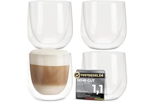 4er Set Cappuccino Tassen 250ml - Gastronomie Qualität - spülmaschinenfest und hitzebeständig - doppelwandige Kaffeegläser - Borosilikatglas für Cappuccino Gläser Modern