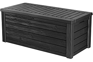 Ondis24 Keter Westwood - Scatola portaoggetti per mobili da terrazza, in plastica, 568 litri, effetto legno, con molle a gas, ca. 154,9 x 72,4 x 64,5 cm
