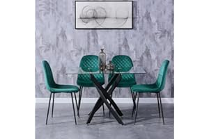 GOLDFAN Modern Tempered Glass Dining Table and Chairs Set 4 Rectangular Kitchen Table and Velvet Chairs Dining Room Sets,Green/120CM