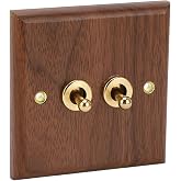 Ouitble Double Toggle Switch, Vintage Walnut Wood Wall Mount Panel Light Switch with Brass Screws 50hz 250v for Home Bathroom