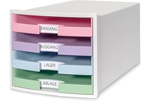 HAN IMPULS 2.0 pudełko do szuflad z 4 otwartymi szufladami, do DIN A4/C4, w zestawie tabliczki z opisami, blokada wysuwania, gumowe nóżki chroniące meble, jakość premium, 1013-129, biała/pastelowa