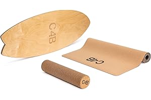 CLUB4BRANDS C4B Wakeboard, Balance Board con Rullo e Tappetino in Sughero, Tavola da Surf 100% Legno, Tavola da Allenamento per Interno, 100% Divertimento Garantito