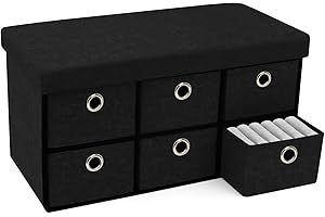 Hibtn Large Folding Storage Ottoman Boxes,Storage Bench Seat Footstool,76 * 38 * 38cm 6 Drawers,Foldable Toy Storage Box Seat,Bench Pouffe Foot Stool, (Black)
