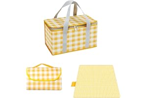 XPAPOV Cestino da picnic isolato, 35 x 20 x 20 cm, borsa termica da 15 l, con coperta da picnic da 150 x 200 cm, portatile, impermeabile, borsa da spiaggia per attività all'aperto calde o fredde