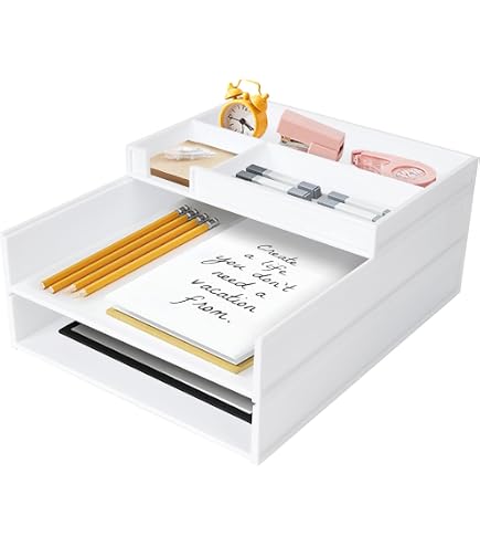 Bac à Courriers Empilable Métal 2 Niveaux - Organisateur Bureau Avec Porte-Stylos Et Tiroir