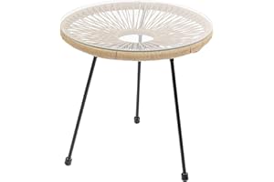‎KARE Kare Acapulco Design Side Table, Natural, 50 cm Diameter, Indoor and Outdoor Table in Retro Design, Small Garden Table, Coffee Table for Balcony, Garden, Patio, Black Steel Frame, Glass