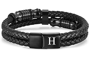 TOLOWOBK Mens Leather Bracelet Engraved A-Z Letters, Initial Bracelet for Men Gifts for Dad Son Husband Brother Double Layer Leather Bracelets for Men Boys Christmas Anniversary Birthday Gifts