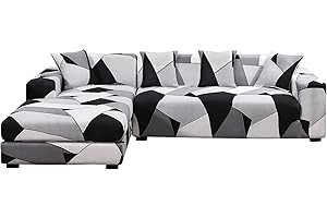 ShowyLive Copridivano Universale con Penisola per Divani in Poliestere a Forma di L, Elasticizzato Componibile, 3 + 3 Posti, Bianco Grigio