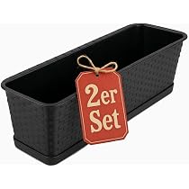 BigDean 3X Blumenkasten mit Untersetzer 80 cm lang Rattan-Optik anthrazit | Balkon Pflanzkasten schmal Balkonkasten - aus PP-Kunststoff