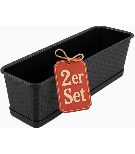 BigDean 3X Blumenkasten mit Untersetzer 80 cm lang Rattan-Optik anthrazit | Balkon Pflanzkasten schmal Balkonkasten - aus PP-Kunststoff