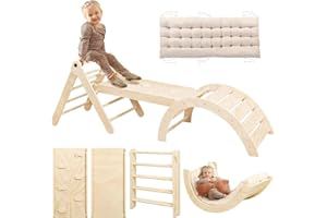 khlerox Climbing Frame with Soft Cushion, 7 in 1 Foldable Indoor Climbing Frame, Montessori Baby Toddler Climbing Toys Indoor, Climber Indoor Set with Arch, Ramp, Ladder (Natural Wood)