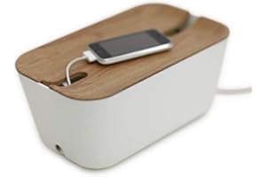 Bosign Cable Management Box - Cable Organizer Medium. White & Natural Wood - 30x18x13,8 cm. Flame retardant plastic. Rubber antislip feet.