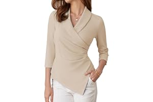 GRACE KARIN Top da donna con scollo a V, maniche a 3/4, camicia a tunica, elegante, plissettata, camicetta da ufficio casual