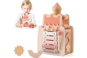 Promise Babe Montessori Spielzeug Baby Holzspielzeug,5 in 1 Rosa Schloss Lernspielzeug Motorikwürfel Sensorik Motorikspielzeug Activity Würfel Motorikschleife Geschenk Baby Mädchen Aktivitätswürfel 3+