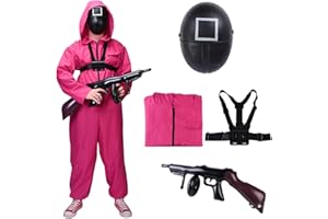 FASCHINFEVER Squid Game Set - 4 in 1 - Fasching & Karneval & Halloween - für Erwachsene - Kostüm mit Anzug & Gewehr & Maske (170-190cm) 2XL