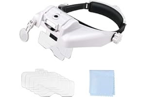 Powcan 3 LED Headband Magnifier Illuminated Hands Free Head Magnifying Glasses for Reading, Jewellery Loupe, Watch and Electronic Repair- 6 Detachable Lens 1.0X, 1.5X, 2.0X, 2.5X, 3.5X, 8X