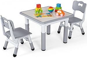 Clevich Kindertisch mit 2 Stühlen, Tisch Stuhl Set, Kindersitzgruppe Höhenverstellbar, Kindermöbel für Kinderzimmer Maltisch Sitzgruppe- Ergonomisch, Multifunktional - Grau