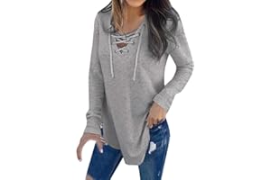 GENERIC Lange Pullover Sweatshirt Damen V-Ausschnitt Langarmshirt Blusen mit Schnürung Frühjahr Sommer Frauen Shirts Elegant Slim Fit Hemd Oberteile