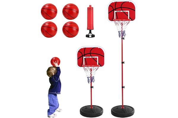 Basketkorg, 50–150 cm basketkorg barn, 4 bollar och pump, barnleksaker presenter för pojkar från 3 år, 4 bollar och pump, barnleksaker presenter för pojkar från 3 år