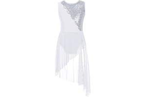 Freebily Justaucorps Gymnastique Danse Enfant Fille Asymétrique Robe de Danse Lyrique Latine Contemporain Costume Performance Paillettes 5-16 Ans