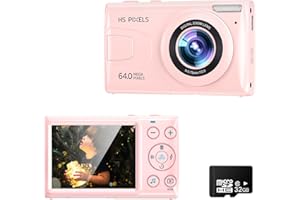 Fine Life Pro Aparat cyfrowy FHD 1080p, 64 MP, zoom cyfrowy 18x, Anti-Shake, 3,0" LCD kompaktowy aparat z kartą SD 32 GB, dla dzieci, początkujących, chłopców i dziewczynek (różowy)