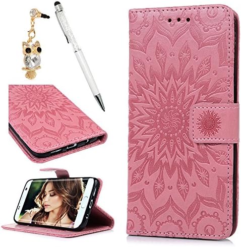 S7 Edge Case, S7 Edge Leather CoverEmbossed Sunflower Design PU Leather Flip Case TPU Bumper Cover Kickstand Magnetic Case with Card Slots Holders &amp; Wrist Strap Case for Samsung Galaxy S7 Edge - Pink