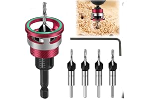 JRISBO Jeu de Forets à Chanfreiner, Foret Bois Fraise avec Butée de Profondeur Réglable en Aluminium avec Tige Hexagonale 1/4", en HSS-M2, Foret à Tête Fraisée pour le Travail du Bois