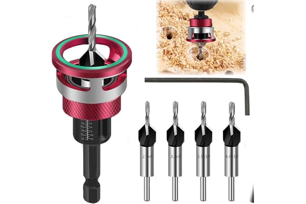 Försänkningsborrsats med Justerbart i Aluminium Djupstopp, Touch-Stop-funktion, Countersink Drill Bits för Trä Med 1/4" Tum S