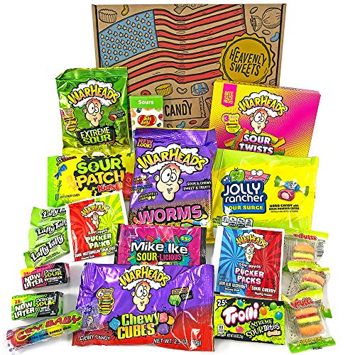 American Sour Candy Sweets Hamper | Super Sour US Sweet Gift Box Selection | Warheads Extreme, Sour Jelly Beans, Bubblegum | 20 Items in a Heavenly Sweets Retro Gift Box