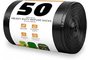 Roe Tenpo 50 Pack Heavy Duty Bin Bags - 70L, 30 Microns Bin Liners, Strong & Durable, Tear Resistant Refuse Sack, Black Bin Bags for Everyday Use, Household & Commercial Use