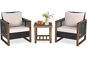 ‎COSTWAY COSTWAY 3er Set Gartenmöbel Rattan Möbel, Balkonset inkl. Tisch aus Holz und Stühle, Polyrattan Lounge Set mit waschbaren Sitzkissen, Sitzgarnitur Outdoor, Sitzgruppe Terrasse Garten Balkon