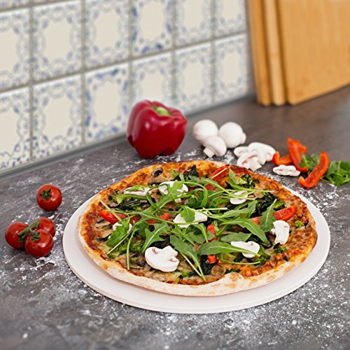 Relaxdays 10019339 Pizzastein für Backofen rund, Baking Stone aus Cordierit für knusprige Steinofenpizza wie in Pizzeria Grillstein für Pizza, Brot und Flammkuchen in Herd und Grill, Durchmesser 33 cm, 1 cm dick, beige - 2