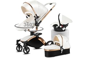 Magic ZC PU Leather 3 in 1 Pushchair Pram Travel System, Baby Stroller 3 in 1 with 360° Rotatable Seat, Newborn Infant Buggy with Aluminum Frame, Toddler Carriage with One-Click Folding (906 White-1)