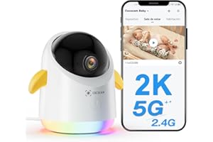 COCOCAM 2K Camara Vigilancia Bebe, Wi-Fi 2.4G 5G, Panorámica de 355°, Inclinación de 120°, App de Teléfono, Luz Divertida, Análisis AI, Detección de Llanto, babyphone
