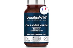 BEAUTY & WILD Collagène Marin Hydrolysé Naticol® Type 1 & 3 | Peau Élastique, Lisse & Hydratée | Cheveux Forts & Brillants | Articulations, Anti-Âge, Anti-Rides, Vitamine C, E & Sélénium,120 Gélules