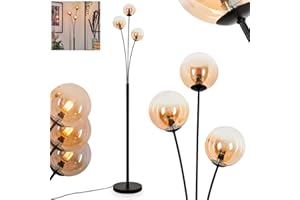 HOFSTEIN Lampadaire Bernado, lampadaire en métal/verre noir/ambre/clair,design rétro/vintage avec abat-jour en verre (Ø 12 cm), intensité lumineuse variable par interrupteur à pied, 3 x G9, sans ampoule
