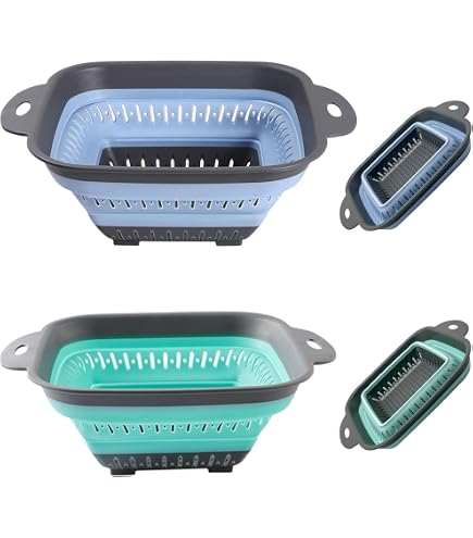 Surwin Lot de 2 Passoire Pliable, Silicone Passoire Cuisine,Compacte Passoire Cuisine Pliable, Passoire Retractable Passoire Pates, Grande Petite Portable Panier de Fruits (Bleu