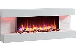 RICHEN camino elettrico Hestia | Caminetto elettrico da parete con effetto fiamma 3D | Riscaldamento elettrico 2000 W | Focolare sospeso a parete con telecomando, timer, termostato | Grigio