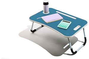 Muitomas, Tavolino da Smart Working, Scrivania Pieghevole in Plastica e Metallo, Richiudibile con Portabicchieri e Supporto Tablet, per Letto e Divano, 60 x 40 x 30 cm, Colore Blu Ottanio