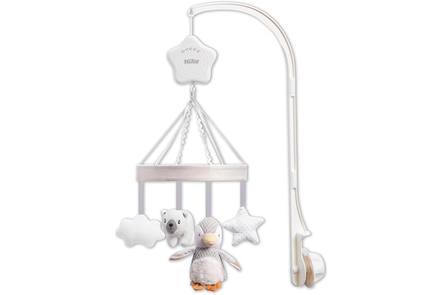 Nuby Penguin Musical Cot Mobile for Babies – Spinning Baby Mobile with Adjustable Arm to Fit Most Cots | Calming Lullabies | Plush Toys