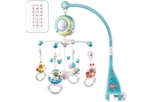 AUVEACH Giostrina Culla Neonati con Telecomando Musicale Proiettore Stelle Sonaglio Girevole a 360° Giostrina Lettino Multifunzione (Blu)