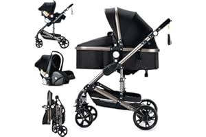 DZIRANAM Silla de paseo 3 en 1 reversible con moisés | Marco triangular estable & suspensión de muelle delantero | Plegado compacto con un toque para fácil almacenamiento(negro)