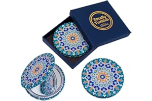 Totally Turkish Metal Compact Mirror – Small Folding Round Mirror With Magnetic Close – 1x & 2x Magnification – For Handbags, Make-Up, Travel & Commutes – Bright & Funky Geometric Pattern (Dantela)