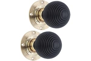 Infinity Decor Pair of Traditional Style Ebony Wood Beehive Rim Door Knobs Set 55mm Polished Brass Rose Wooden Handles – Suitable for Interior & Exterior Doors