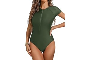 CUPSHE Maillot de Bain Une pièce pour Femme Col Haut Fermeture éclair Manches Courtes Maillot de Bain