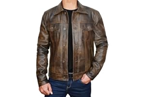 FASHION_FIRST Mens Real Leather Trucker Jacket for Men - Shirt Collar Western Cowboy Fashion Leather Jacket