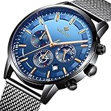 WISHDOIT Uhren Herren Mode Chronographen Analoger Quarz Edelstahl Wasserdich Schwarze Quartz Milanaise Mesh Armband Geschäft Casual Datum Uhr Blau