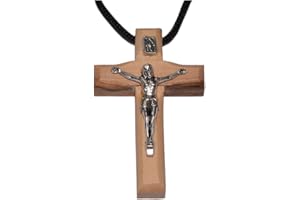 JUNKER KIRCHENBEDARF Crucifix pendentif croix en bois d'olivier sur cordon fabriqué à Bethléem, 5cm